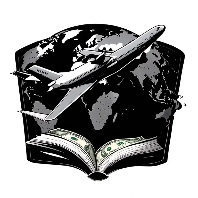 Airliner Flying Around The World With An Open Book Under It Laying On A Pile Of Money
