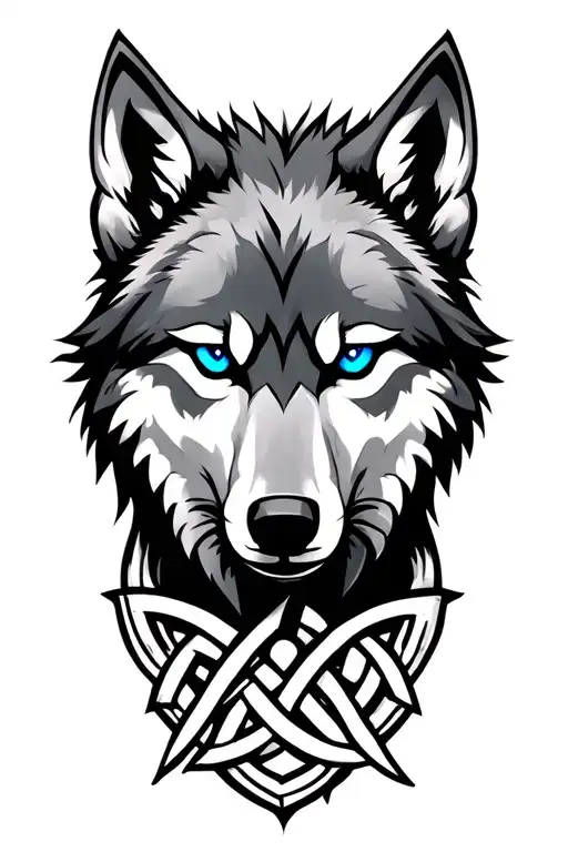 Wolf With Blue Eyes On Armor Tattoo Design Featuring Celtic Trinity Knot