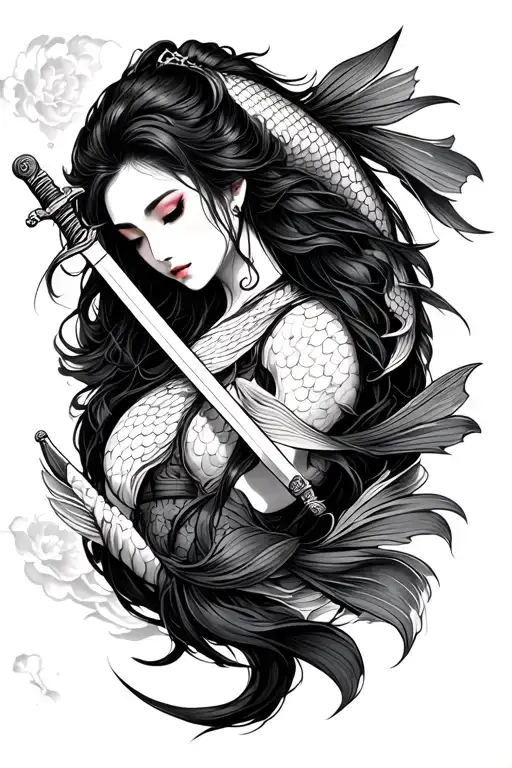 Koi Carp Geshi Woman Holding A Sword