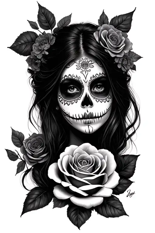A Girls Face With Day Of The Dead Makeup With A Rose Below Her