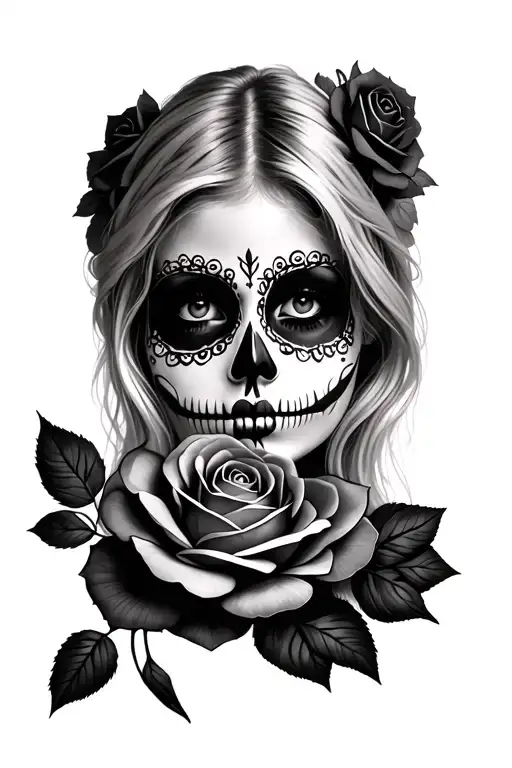 A Blonde Girls Face With Day Of The Dead Makeup With A Rose Below Her