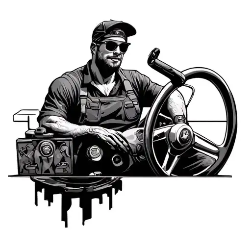 Gearhead Mechanic With Straight Shades Seated Behind Steering Wheel