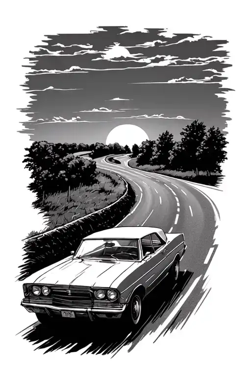 A Car Driving Down A Road Towards A Sunset