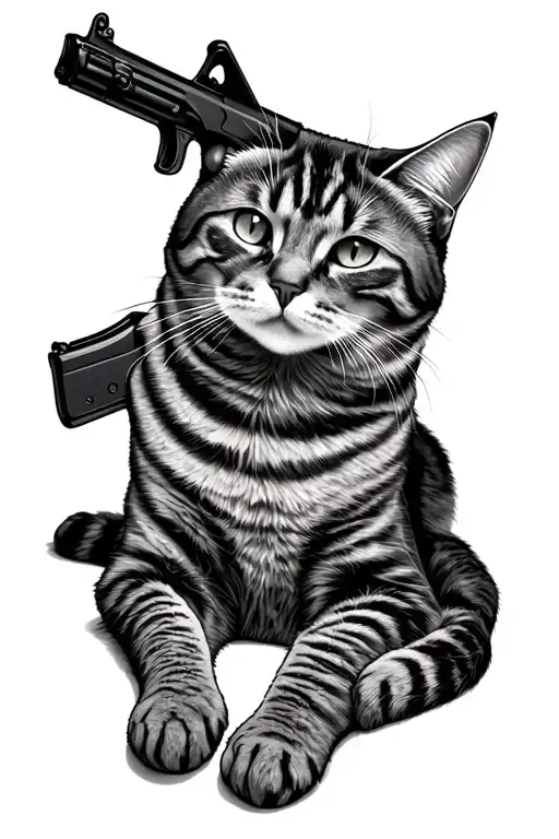 Cat Laying And Next To Her Is Ak-47 Rifle Intertwined