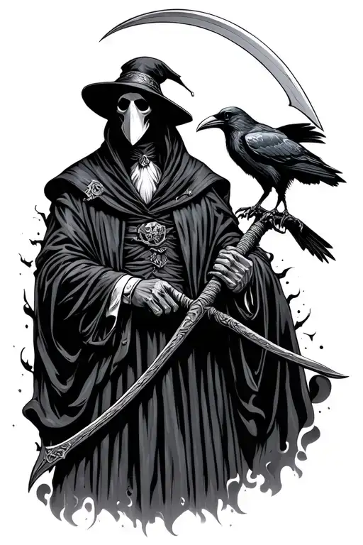 Plague Doctor With A Scythe In His Hand And A Raven Pirched Near Him