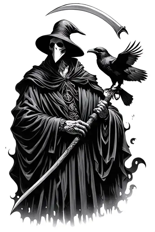 Plague Doctor With A Scythe In His Hand And A Raven Flying Above Him