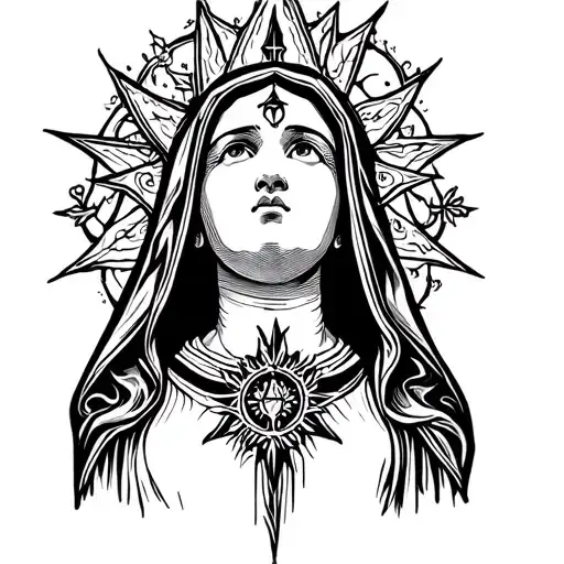 Gothic-style Tattoo With The Virgin Mary Looking Up In Neo-tribal Style