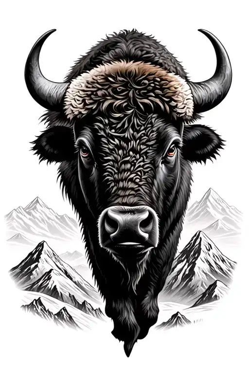 Bison Head Leading Into Mountain Landscape