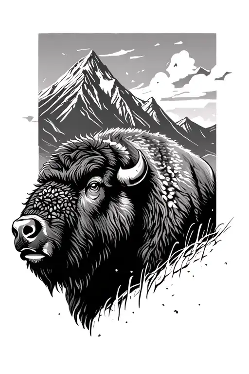 Bison Head On The Left Leading Into Mountain Landscape On The Right Side
