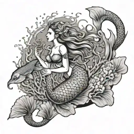 Mermaid And Scuba Diver Exploring A Coral