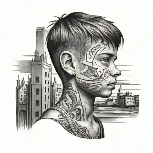 Boy Standing With Buildings Designed