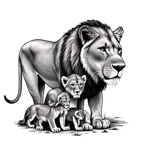 Lioness Protecting Her 4 Cubs