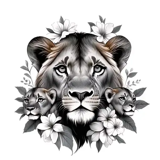Lioness Protecting Her 4 Cubs Face Only With Flowers