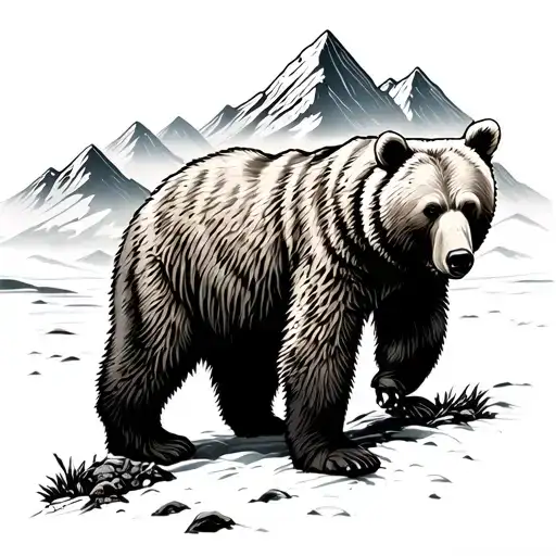 Bear Walking In Front Of Mountains