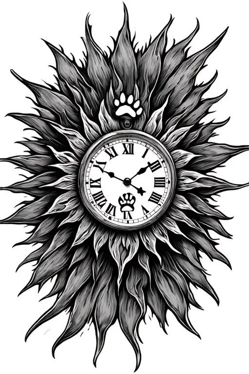 Sun Beams And Clock Face And A Small Paw Print