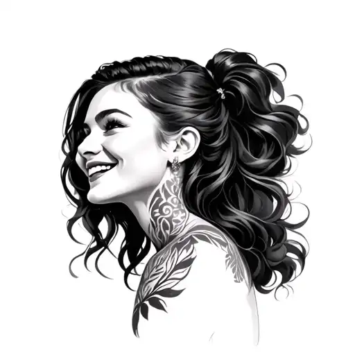 Female Proudly Smiling Over The Shoulder