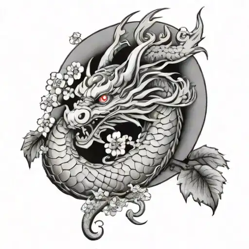 Dragon With Geisha And Cherry Tree