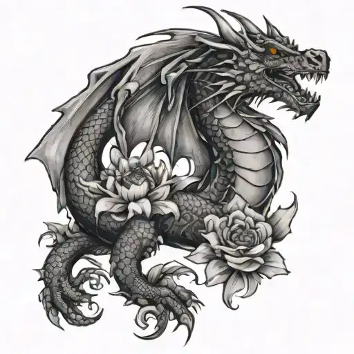Dragon Tattoo With January August And October Birth Flower