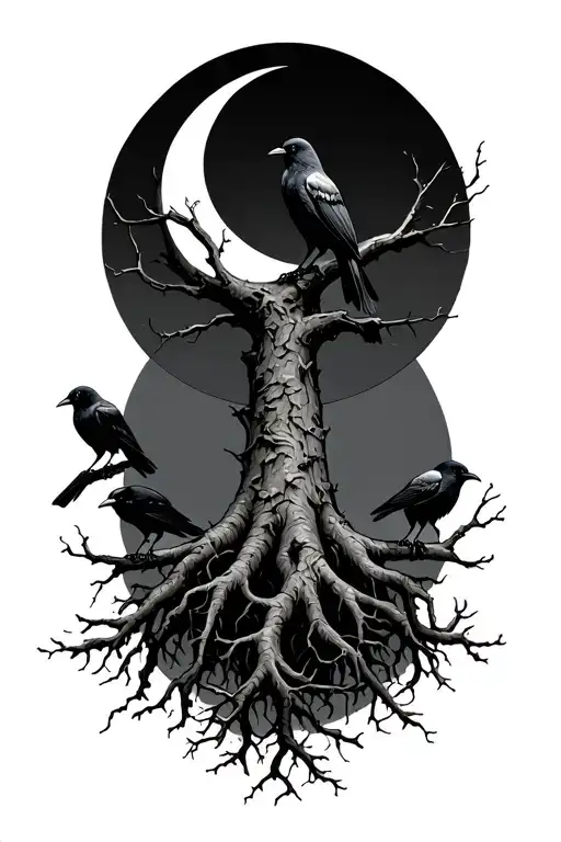 Poison Tree With Roots And Ravens On Branches With A Crescent Moon
