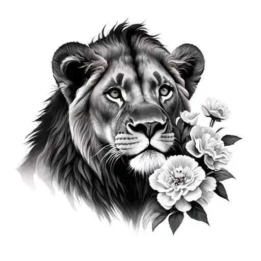 Lioness With Cub With Carnation Flowers