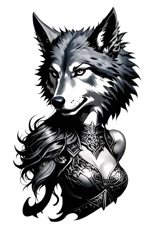 Wolf Head Over Female Gargoyle Warrior