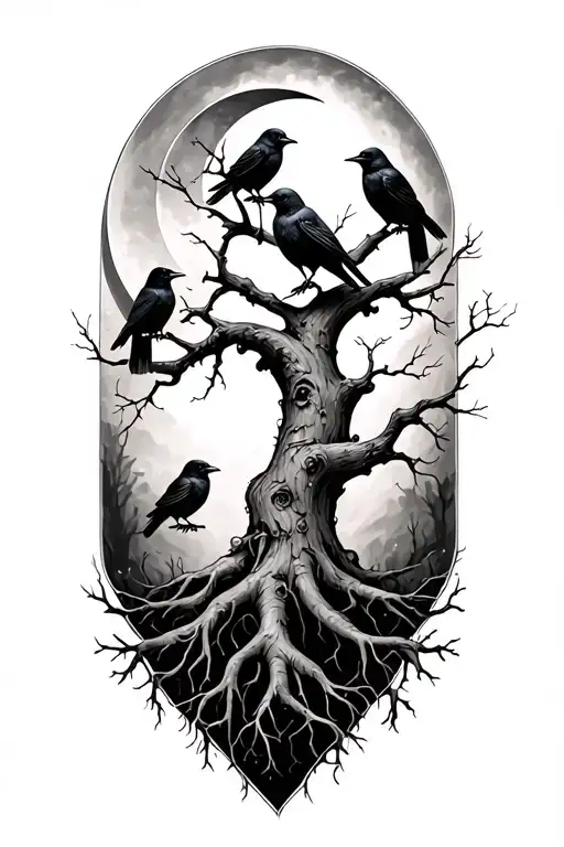 Poison Tree With Roots And Small Ravens On Branches With A Crescent Moon