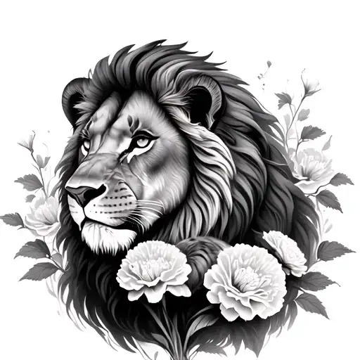 Female Lion With Cub With Carnation Flowers Intertwined