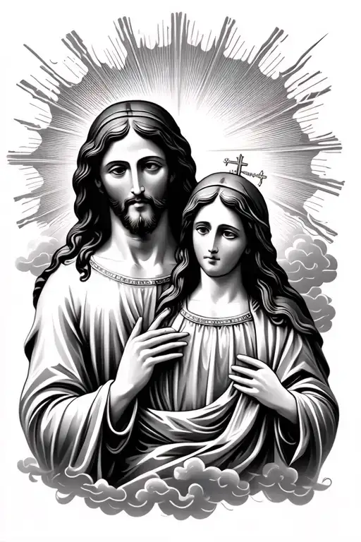 Jesus Christ And Virgin Mary With Rays And Clouds