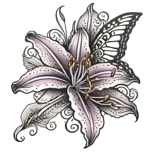 Purple Tiger Lily And A Butter Fly