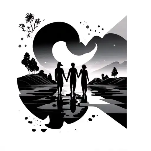 A Geometric Space Landscape With Family Holding Hands