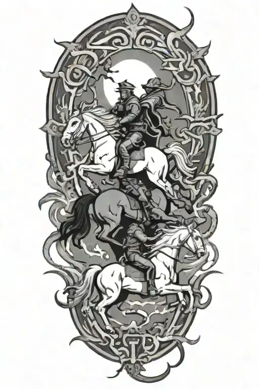 A Traditional Tattoo Design Of The Four Horseman And Lightning