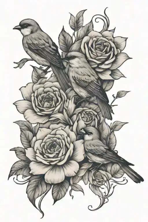 Flower And Birds Sitting