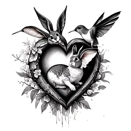 Heart With Vibes And Humming Bird And Rabbit Inside Heart