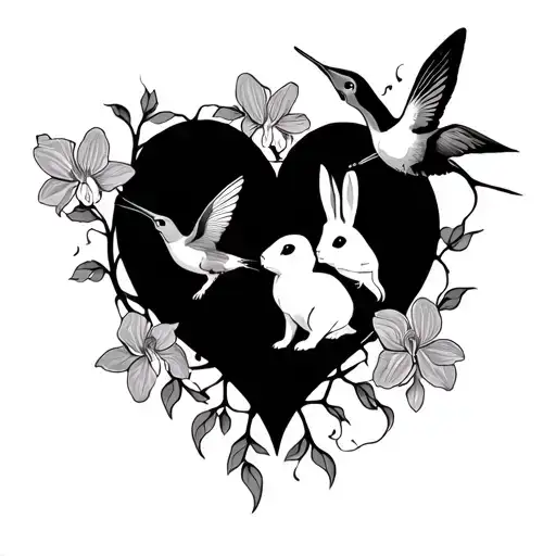 Heart With Vines With Orchid And Humming Bird And Two Rabbit Inside Heart