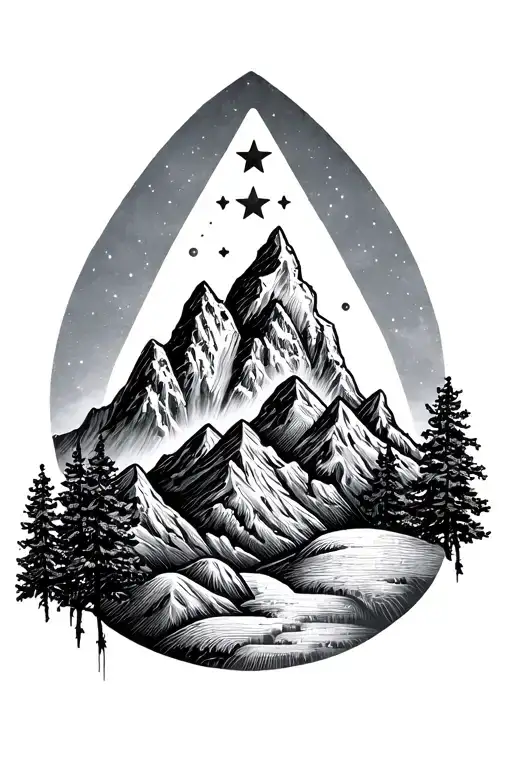 Two Mountains And Three Trees With 6 Stars Above In A Teardrop Border