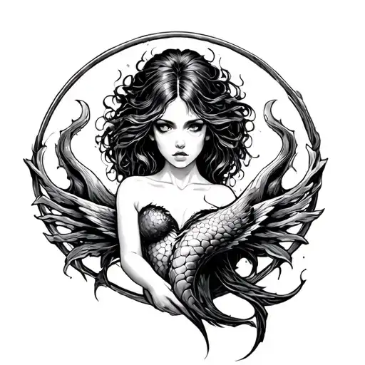 A Siren Trapped In A Circle Black Ink
