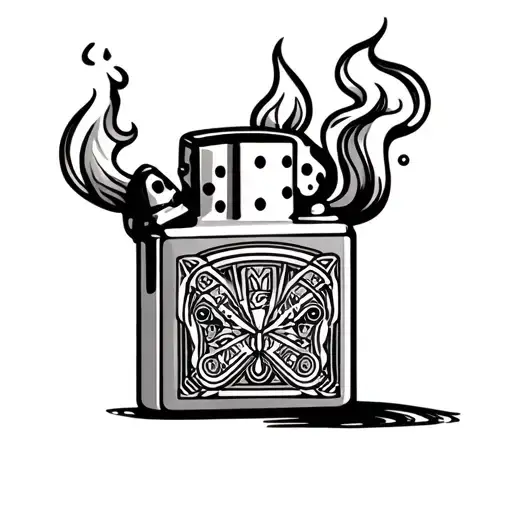 Zippo Lighter With Smoke Coming Out Of The Lighter Flame And A Domino Design On The Zippo
