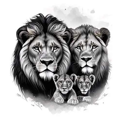 A Lion And A Lioness With Three Cubs Surrounded