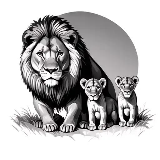 A Lion And A Lioness With 3 Cubs Surrounded