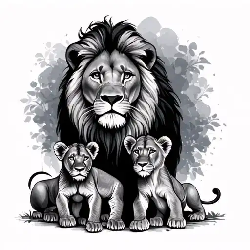 A Lion And A Lioness With Cubs Surrounded