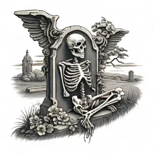 Skeleton Looking Over Their Own Grave Stone