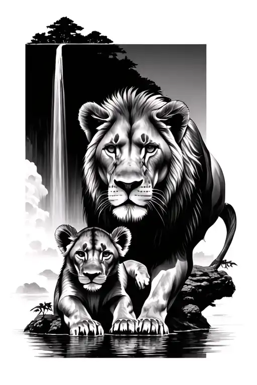 Lioness With Cub And Waterfall