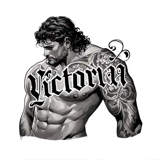 Victoria Name Tattoo On Guy's Chest
