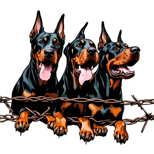 3 Dobermans Biting On Barbed Wire
