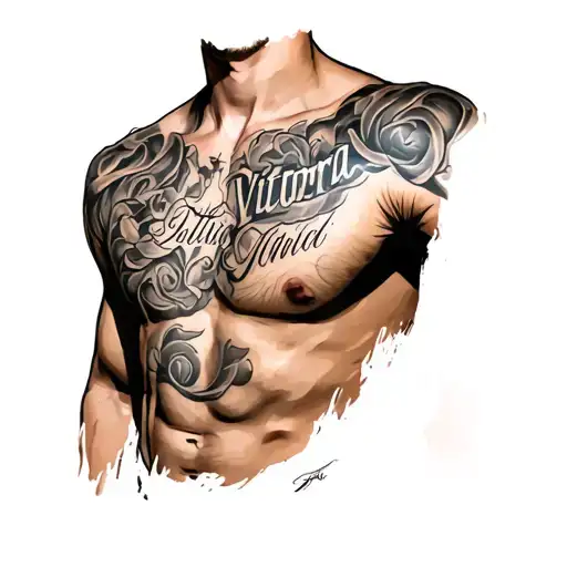 Victoria Name Tattoo On Guy's Chest
