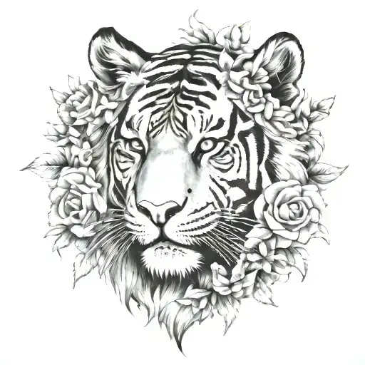 Tiger Head Covered By Flowers
