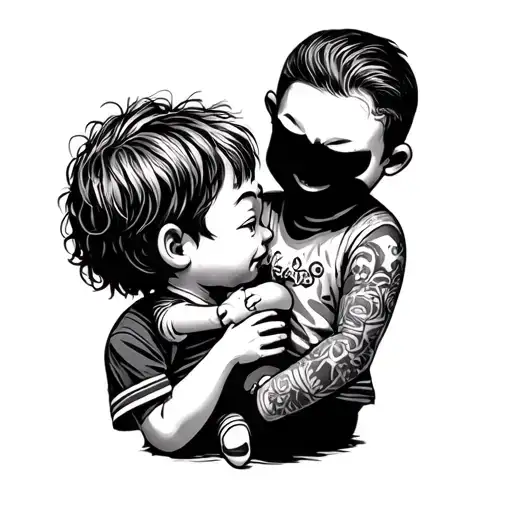 Child With A Puppet And A Guy Holding Him By His Hand Sillouette