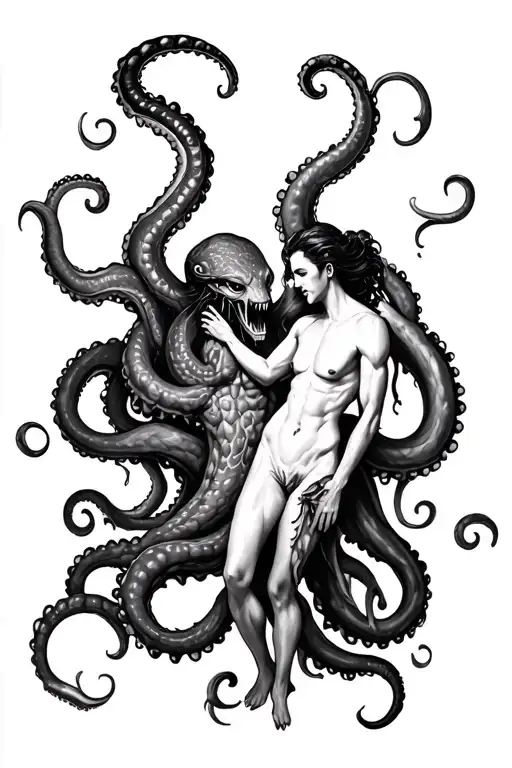 A Kraken With A Man And A Woman Wrapped Within Its Tendrils