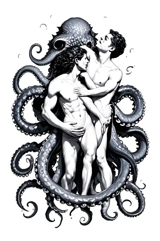 A Kraken Holding Both A Man And A Woman Wrapped Within Its Tendrils