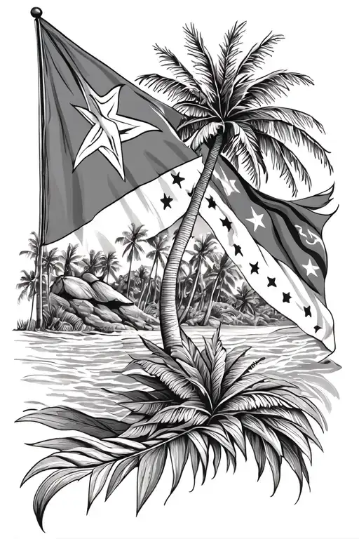 Drawn Puerto Rican Flag With Palm Trees And Taino Symbols